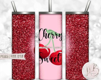 Red and Pink Cherry Sweet 20oz Skinny Tumbler Wrap Sublimation Design Download • Realistic Cute Cherries Red Glitter • DIY Print and Press