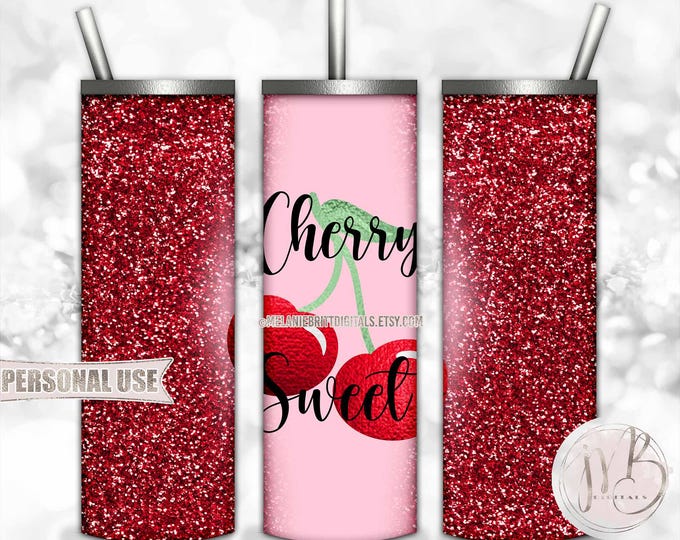 Red and Pink Cherry Sweet 20oz Skinny Tumbler Wrap Sublimation Design Download • Realistic Cute Cherries Red Glitter • DIY Print and Press