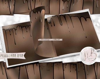 Chocolate Drips Scrapbook Paper Download • Melting Dripping Chocolate Ombre Brown Shimmering Foil • Printable Paper Crafts 20 12x12 JPG PDF