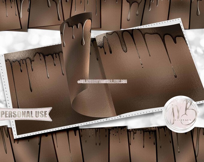 Chocolate Drips Scrapbook Paper Download • Melting Dripping Chocolate Ombre Brown Shimmering Foil • Printable Paper Crafts 20 12x12 JPG PDF