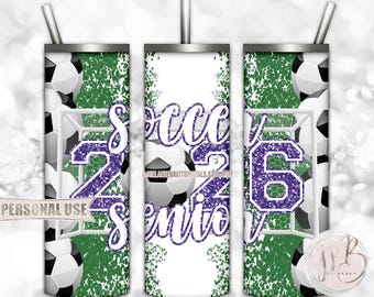 Purple Soccer Senior 2026 20oz Skinny Tumbler Wrap Sublimation Design Download • Soccer Field Goal Glitter Grad Gift • DIY Print and Press