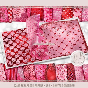 Glam Valentines Scrapbook Paper Download • Red and Pink Hearts Glitter Foil Design • Printable Paper Crafts 20 12x12 JPG