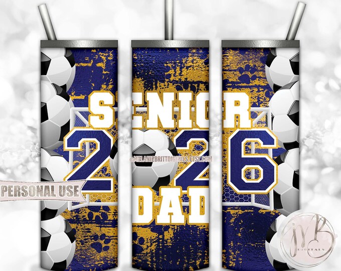 Soccer Dad Senior 2026 20oz Skinny Tumbler Wrap Sublimation Design Download • Blue and Athletic Gold Paw Prints Dad Gift • DIY Print & Press