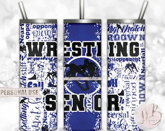 Blue Boy Wrestling Senior 2026 20oz Skinny Tumbler Wrap Sublimation Download • Wrestler Grad Gift Wrestling Typography • DIY Print & Press