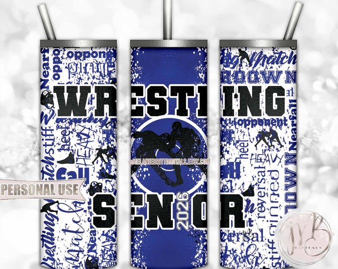 Blue Boy Wrestling Senior 2026 20oz Skinny Tumbler Wrap Sublimation Download • Wrestler Grad Gift Wrestling Typography • DIY Print & Press
