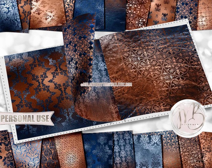 Bronze Prussian Damask Scrapbook Paper Download • Elegant Victorian Damask Shimmering Foil Design • Printable Paper Crafts 20 12x12 JPG PDF