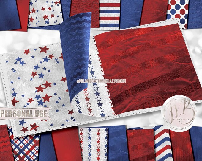Patriotic Scrapbook Paper Download • Red White Blue July 4th Party Stars Shimmering Foil Design • Printable Paper Crafts 20 12x12 JPG & PDF