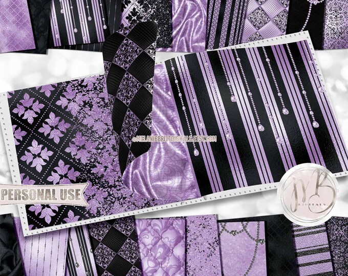 Black and Lavender Classy Scrapbook Paper Download • Sophisticated Design Diamonds Glitter Foil • Printable Paper Crafts 20 12x12 JPG & PDF