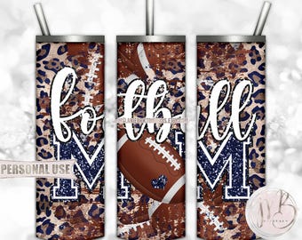Navy Football Mom 20oz Skinny Tumbler Wrap Sublimation Design Download • Distressed Football and Leopard Print Mom Gift • DIY Print & Press