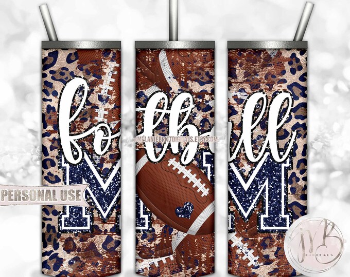 Navy Football Mom 20oz Skinny Tumbler Wrap Sublimation Design Download • Distressed Football and Leopard Print Mom Gift • DIY Print & Press