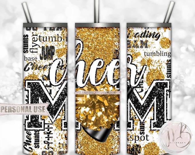 Athletic Gold Cheer Mom Glitter 20oz Skinny Tumbler Wrap Sublimation Design • Typography Pom Megaphone Cheer Mom Gift • DIY Print & Press