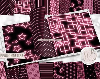 Pink Neon Scrapbook Paper Download • Fluorescent Neon Sign Glow in the Dark • Printable Paper Crafts 20 12x12 JPG & PDF