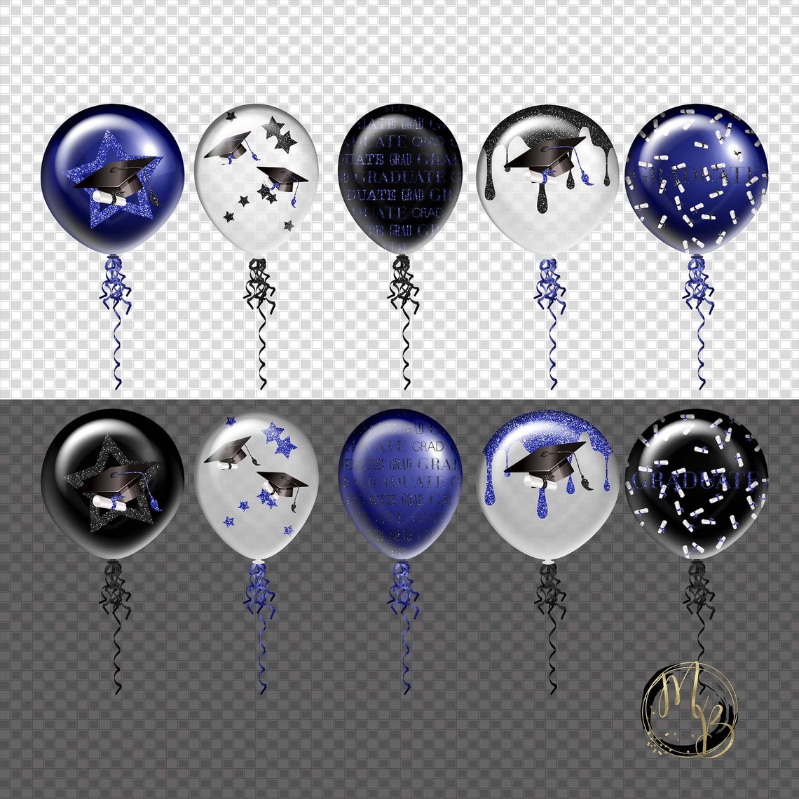 Blue Graduation Balloon Clipart Graphics with sparkling | Etsy