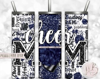 Navy Blue Cheer Mom Glitter 20oz Skinny Tumbler Wrap Sublimation Design • Typography Pom Megaphone Cheer Mom Gift • DIY Print & Press
