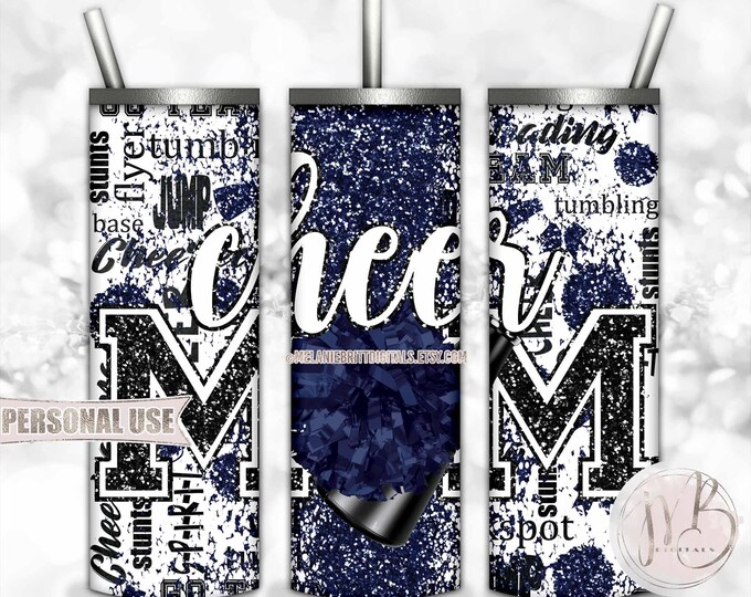 Navy Blue Cheer Mom Glitter 20oz Skinny Tumbler Wrap Sublimation Design • Typography Pom Megaphone Cheer Mom Gift • DIY Print & Press