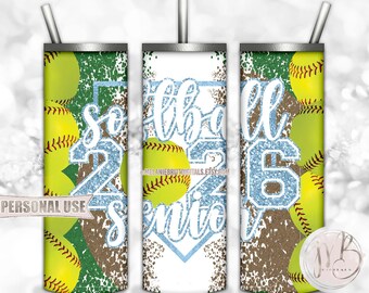 Light Blue Softball Senior 2026 20oz Skinny Tumbler Wrap Sublimation Design Download • Softball Glitter Grad Gift • DIY Print & Press