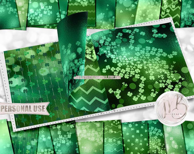 St. Patrick's Day Bokeh Scrapbook Paper Download • Shamrock Clovers Blurred Bokeh Shimmering Foil • Printable Paper Crafts 20 12x12 JPG PDF