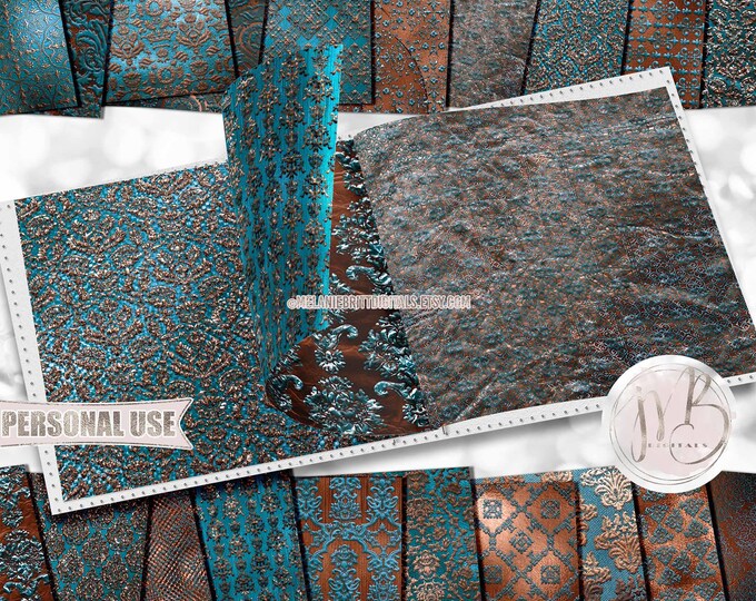 Bronze Turquoise Embossed Damask Scrapbook Paper Download • Ornamental Damask Shimmering Foil • Printable Paper Crafts 20 12x12 JPG & PDF