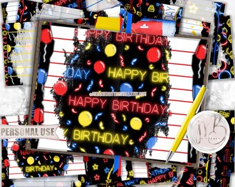 Neon Birthday Junk Journal Pages Download • Fluorescent Red Blue and Yellow Birthday Memorabilia • DIY Printable Journal 20 11x8.5 JPG & PDF