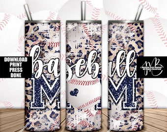 Navy Blue Baseball Mom 20oz Skinny Tumbler Wrap Sublimation Design Download • Distressed Baseball and Leopard Design • Sublimation Crafts