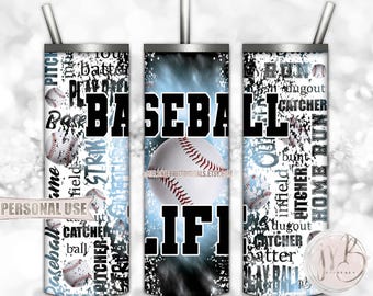 Baseball Life 20oz Skinny Tumbler Wrap Sublimation Download • Light Blue and Black Tie Dye Typography Baseball Gift • DIY Print and Press