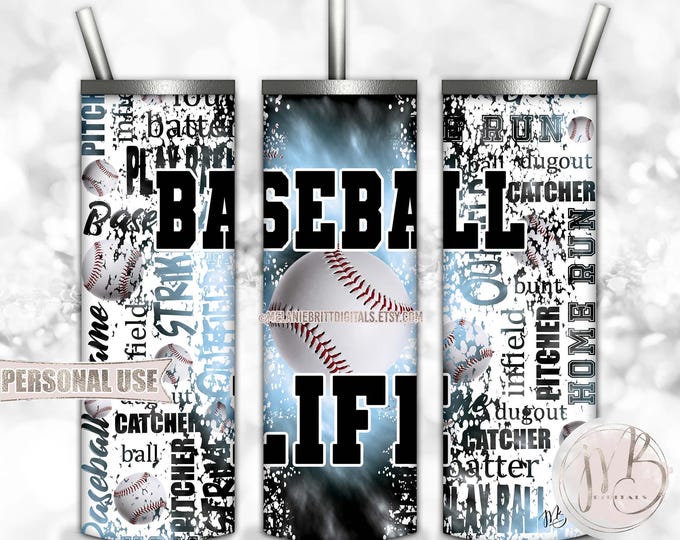 Baseball Life 20oz Skinny Tumbler Wrap Sublimation Download • Light Blue and Black Tie Dye Typography Baseball Gift • DIY Print and Press