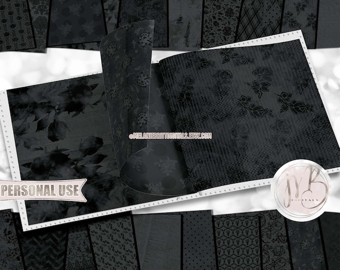Vintage Black Floral Scrapbook Paper Digital Download • Distressed Worn Antiqued Flowers Design • Printable Paper Crafts 20 12x12 JPG & PDF