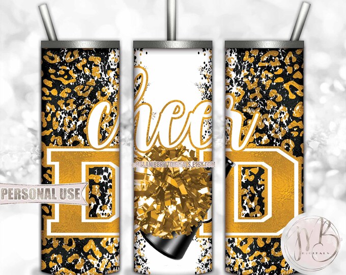 Athletic Gold Cheer Dad 20oz Skinny Tumbler Wrap Sublimation Design • Leopard Print Pom Pom Megaphone Cheer Dad Gift • DIY Print and Press