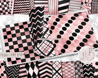 Pink and Black Scrapbook Paper Download • Patterned Geometric Shimmering Foil Design • DIY Printable Paper Crafts 20 12x12 JPG & PDF