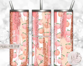 Peachy Glitter Tumbler Wrap Download • Scattered Peaches Brush Strokes • Sublimation Print and Press