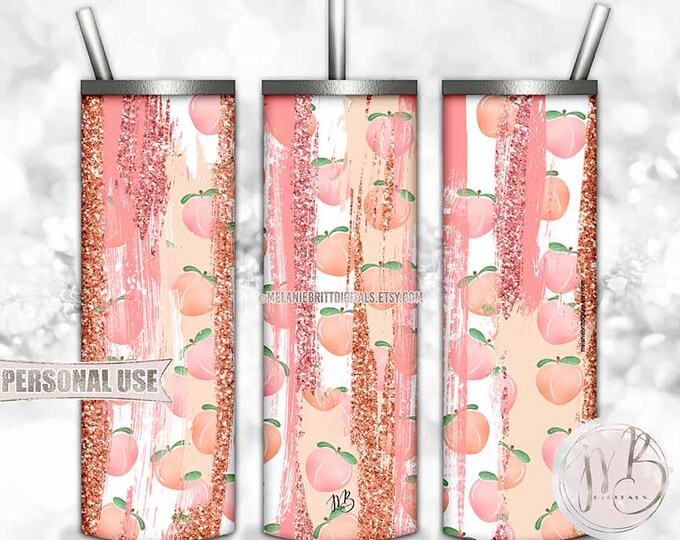 Peachy Glitter Tumbler Wrap Download • Scattered Peaches Brush Strokes • Sublimation Print and Press