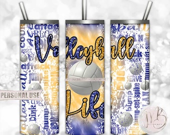 Glitter Volleyball Life Tumbler Wrap Download • Blue and Athletic Gold Tie Dye • Sublimation Print and Press