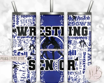 Blue Girl Wrestling Senior 2026 20oz Skinny Tumbler Wrap Sublimation Download • Wrestler Grad Gift Wrestling Typography • DIY Print & Press