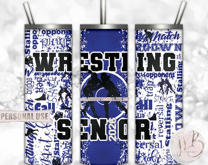 Blue Girl Wrestling Senior 2026 20oz Skinny Tumbler Wrap Sublimation Download • Wrestler Grad Gift Wrestling Typography • DIY Print & Press