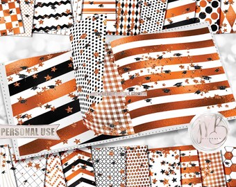 Orange Shimmer Graduation Scrapbook Paper Download • Glitter Mortarboards Confetti and Stars • Printable Paper Crafts 20 12x12 JPG & PDF