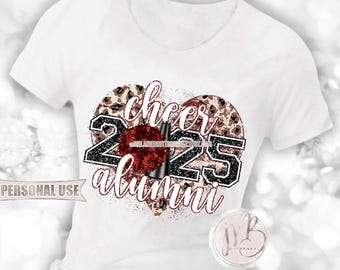 Maroon Cheer Alumni 2025 Heart T-Shirt Sublimation Design • Pom Pom Megaphone Classic Leopard Glitter Graduate Gift • DIY Print and Press