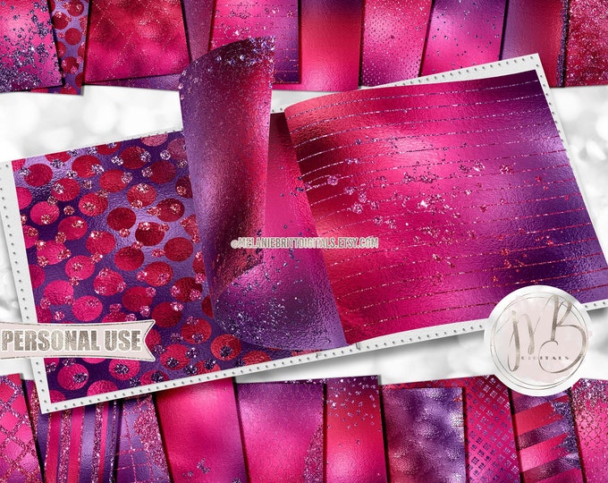 Magenta and Purple Glam Scrapbook Paper Download • Sparkling Glitter and Shimmering Foil Design • Printable Paper Crafts 20 12x12 JPG & PDF