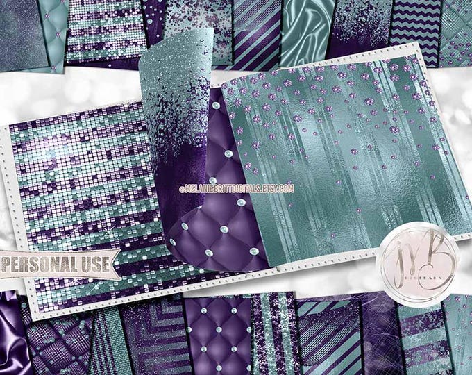 Aqua and Purple Luxury Scrapbook Paper Download • Luxurious Glitter and Foil • Scrapbooking Printable