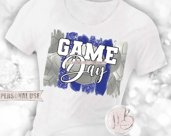 Blue Volleyball "Game Day" T-Shirt Sublimation Design Download • Glitter Sport Brush Strokes Volleyball Shirt Gift • DIY Print and Press