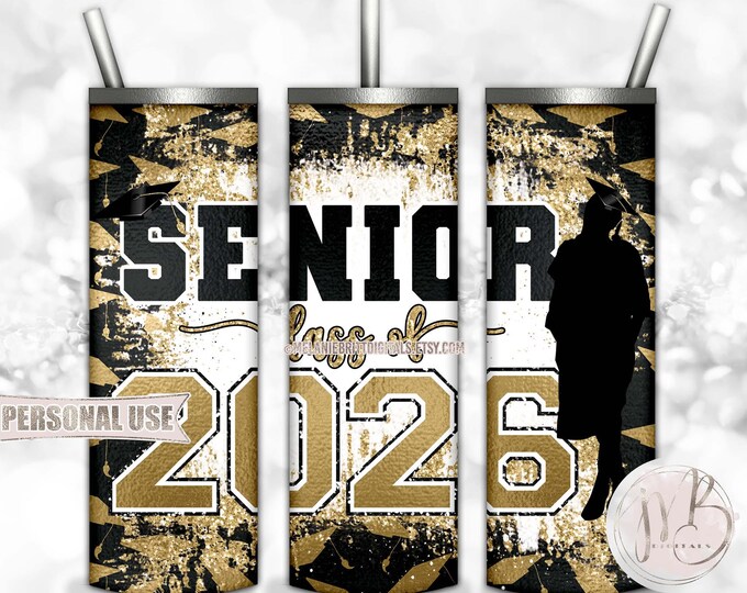 Gold Girl Graduation Senior 2026 20oz Skinny Tumbler Wrap Sublimation Download • Grad Cap Glitter Graduate Gift • DIY Print and Press