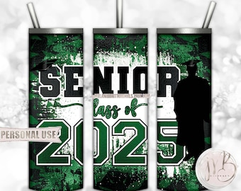Green Graduation Senior 2025 20oz Skinny Tumbler Wrap Sublimation Design Download • Boy Graduate Graduation Cap • DIY Print and Press