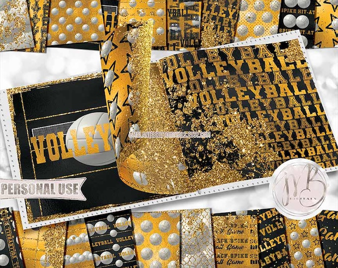 Athletic Gold Glam Volleyball Scrapbook Paper Download • Volleyball Court Net Glitter and Foil School Sports • Scrapbooking Printable