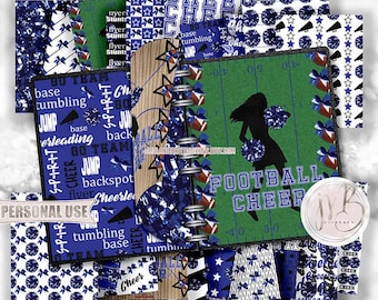 Royal Blue Cheerleading Scrapbook Paper Download • Shiny Pom Poms Bows Megaphone • Scrapbooking Printable