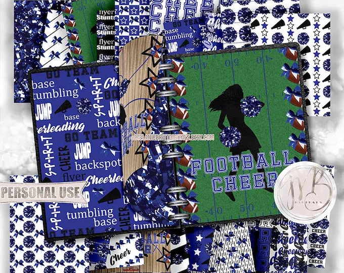 Royal Blue Cheerleading Scrapbook Paper Download • Shiny Pom Poms Bows Megaphone • Scrapbooking Printable