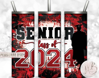 Red Graduation Senior 2024 20oz Skinny Tumbler Wrap Sublimation PNG Download • Boy Graduate Graduation Cap • Seamless Design