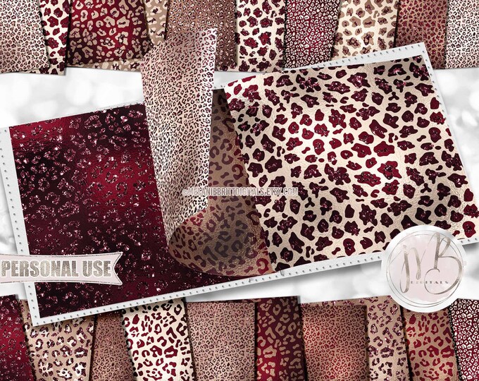 Burgundy Leopard Print Scrapbook Paper Download • Sparkling Glitter and Shimmering Foil Design • Printable Paper Crafts 20 12x12 JPG & PDF