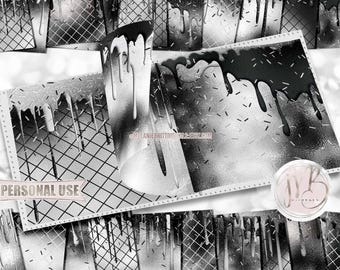 Black and White Dripping Glitter Scrapbook Paper Download • Monochrome Foil Abstract Paint Drips • Printable Paper Crafts 20 12x12 JPG & PDF