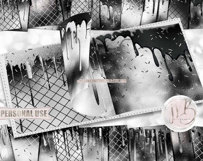 Black and White Dripping Glitter Scrapbook Paper Download • Monochrome Foil Abstract Paint Drips • Printable Paper Crafts 20 12x12 JPG & PDF