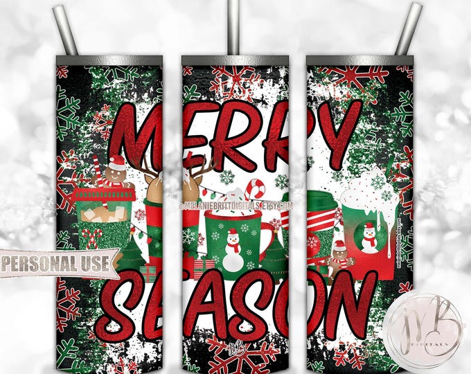Christmas Coffee Cups Tumbler Wrap Download • "Merry Season" Snowflakes • Sublimation Print and Press
