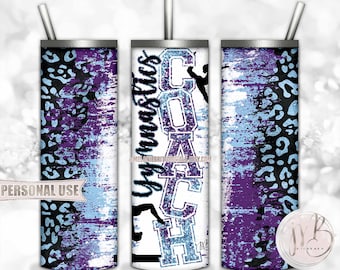 Gymnastics Coach 20oz Skinny Tumbler Wrap Sublimation Download • Purple and Light Blue Leopard Print Coach Gift • DIY Print and Press #1